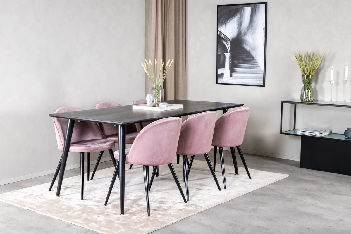 Rectangular Dining Table 180 x 75 x 90 Black + Dining Chair 2-pack Dusty Pink