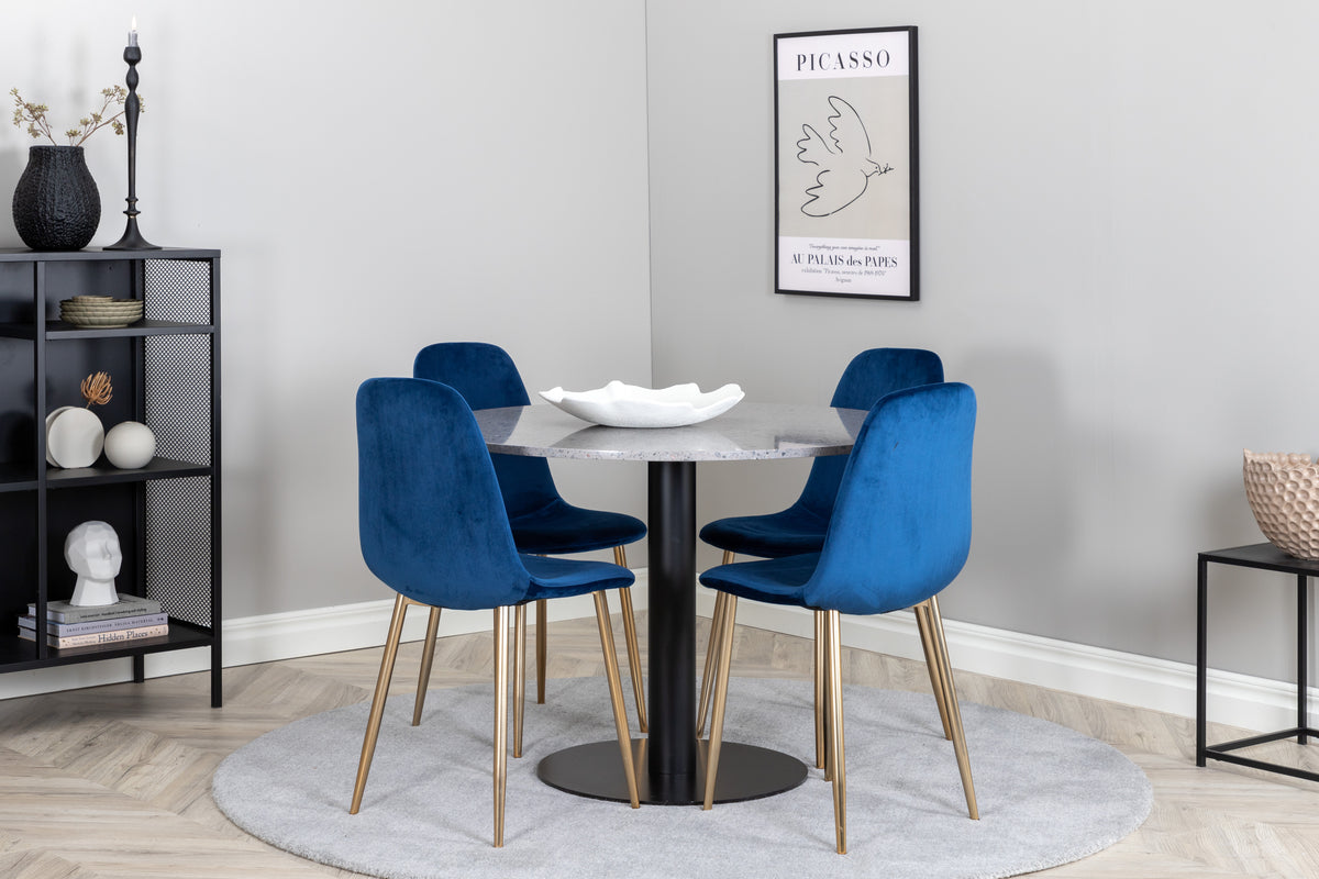 Round Dining Table ø106 Grey + Dining Chair 2-pack Blue