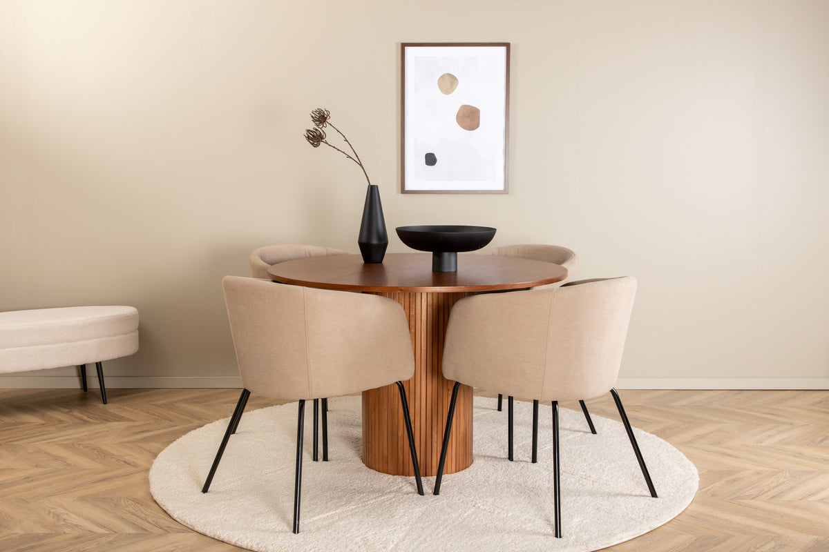 Dining Chair Beige + Round Dining Table ø110 Walnut