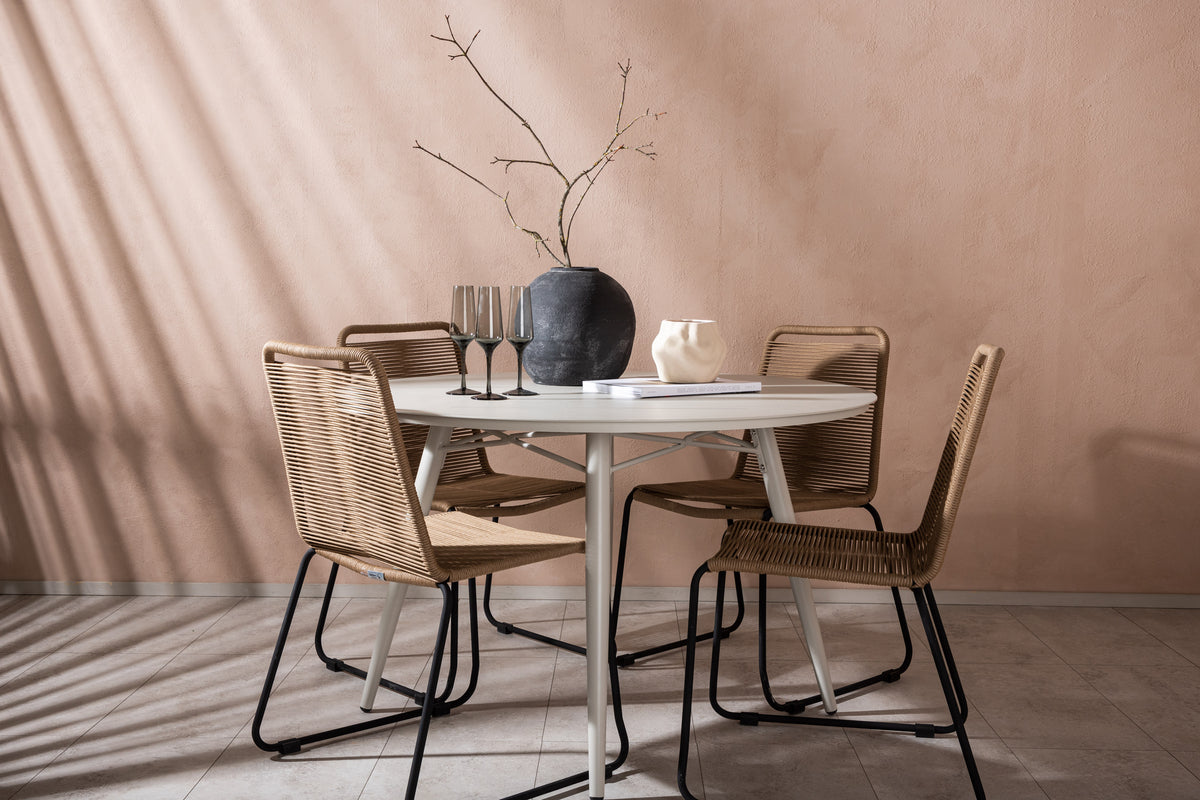 Round Dining Table ø120 Beige + Dining Chair 2-pack Brown
