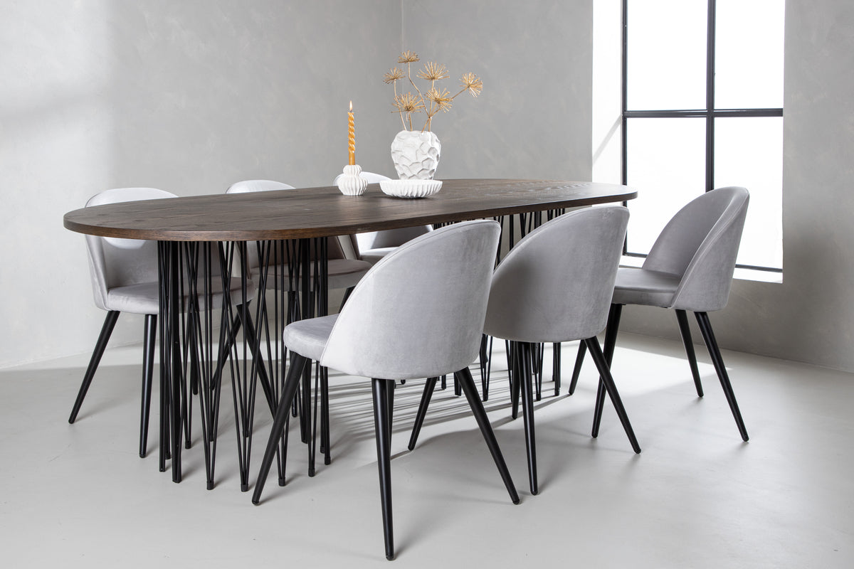 Dining Chair 2-pack Grey + Oval Dining Table 100 x 220 Mocca
