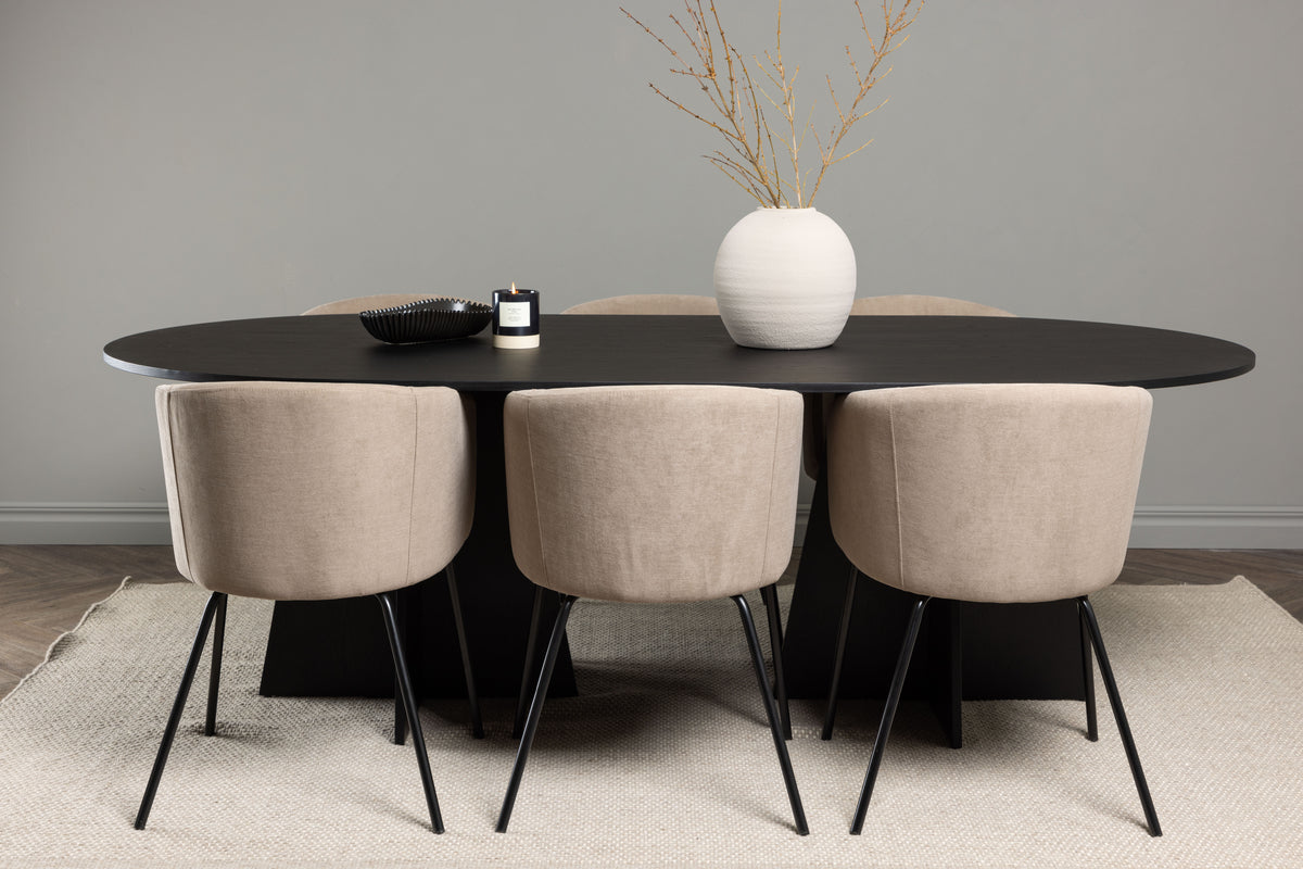 Dining Chair Beige + Oval Dining Table 115 x 230 Black