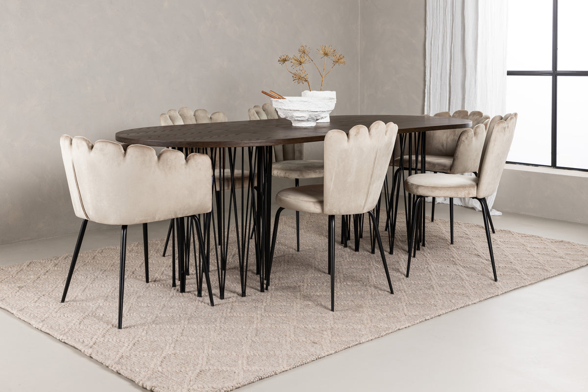 Dining Chair 2-pack Beige + Oval Dining Table 100 x 220 Mocca