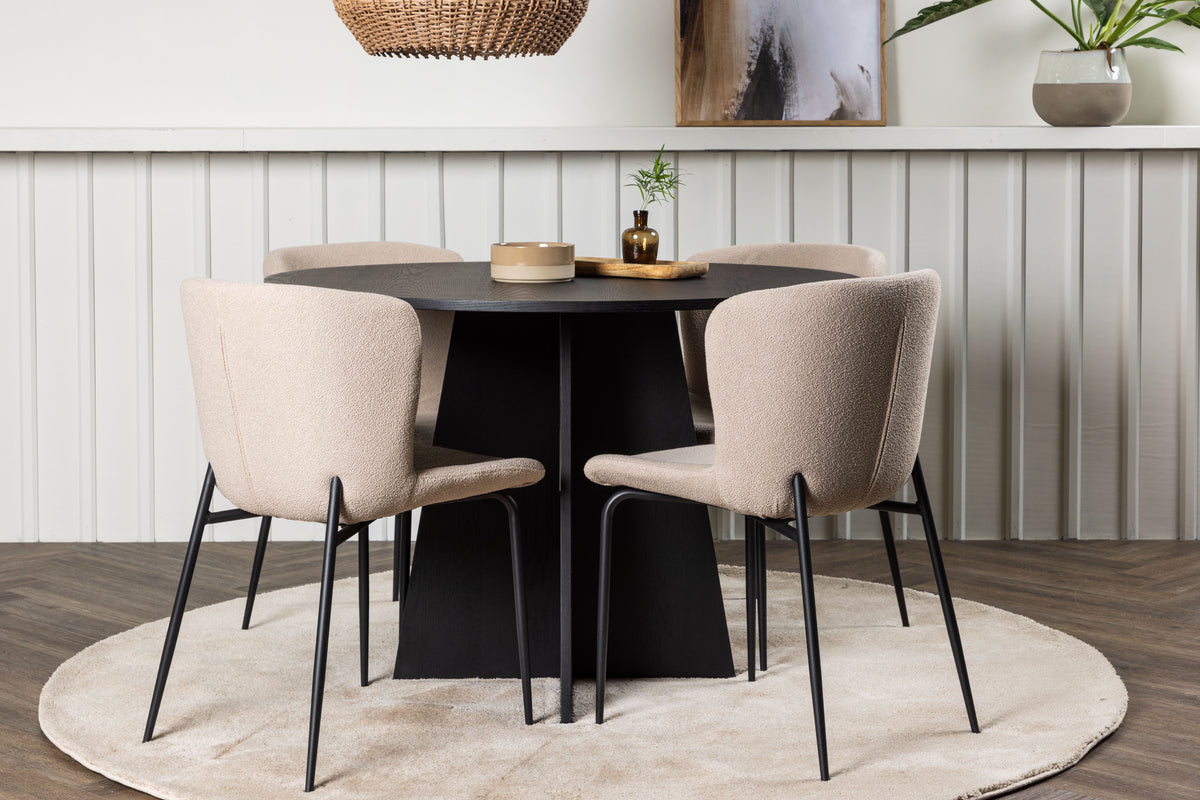 Round Dining Table ø110 Black + Dining Chair 2-pack Beige