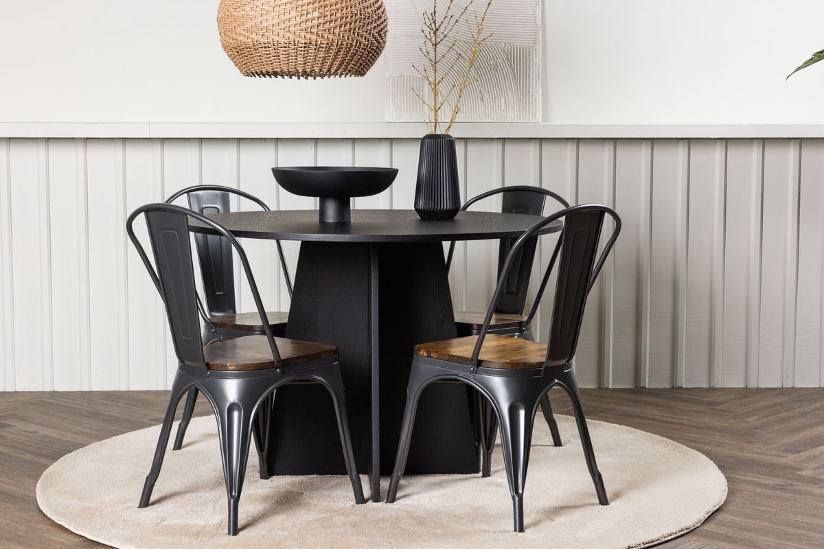 Round Dining Table ø110 Black + Dining Chair 2-pack Walnut