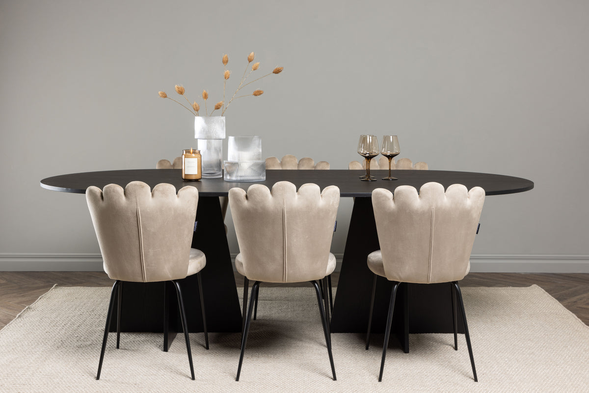 Dining Chair 2-pack Beige + Oval Dining Table 115 x 230 Black