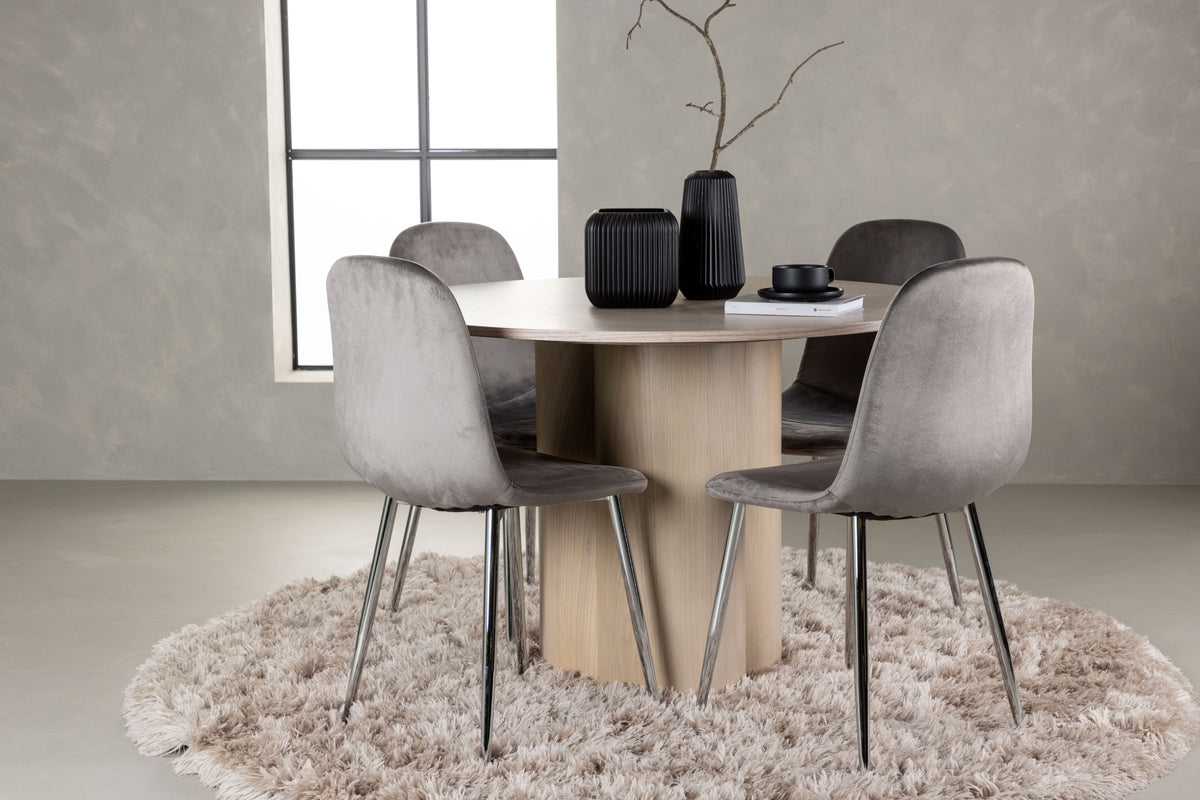 Round Dining Table ø110 Whitewash + Dining Chair 2-pack Light Grey
