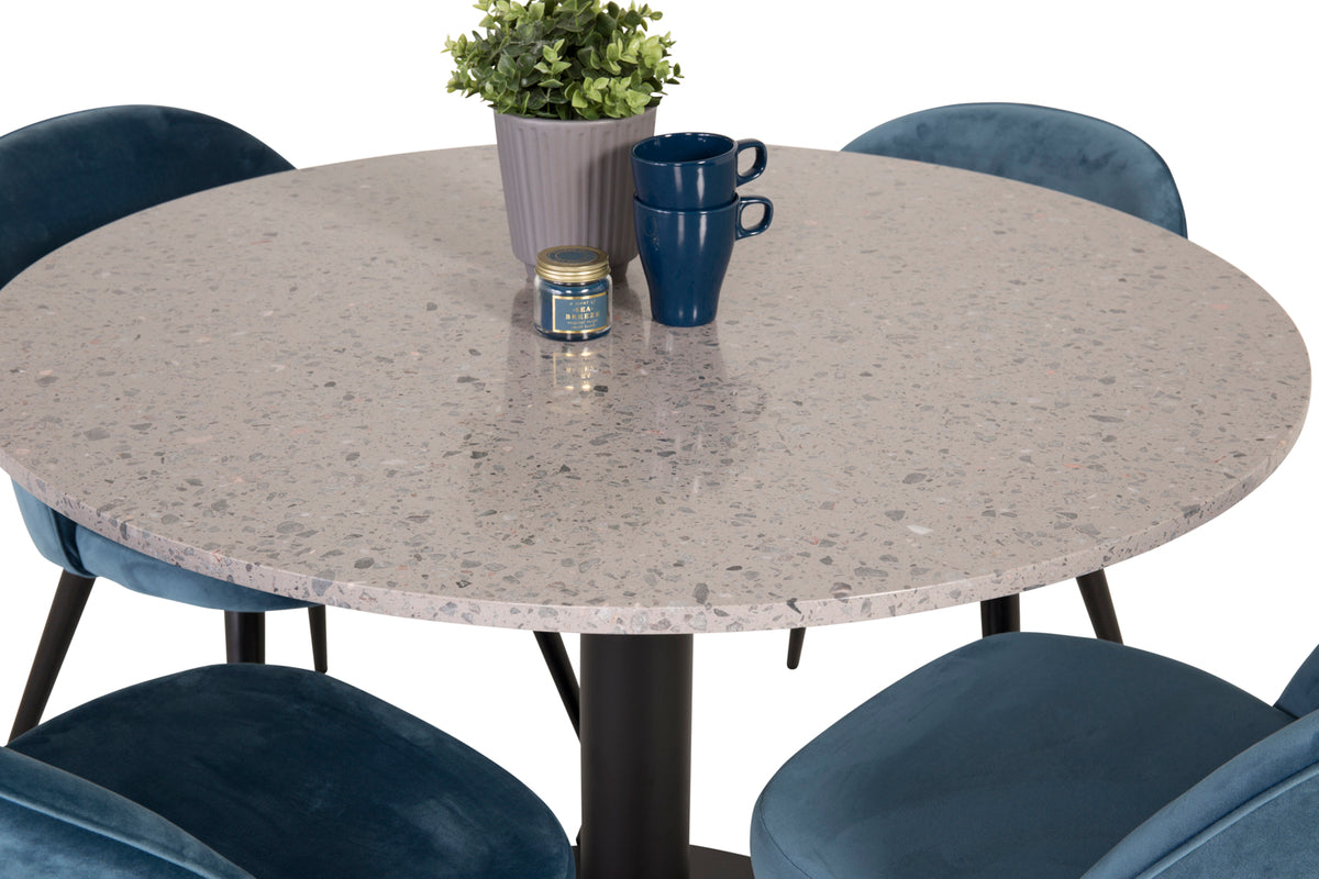 Round Dining Table ø106 Grey + Dining Chair 2-pack Blue