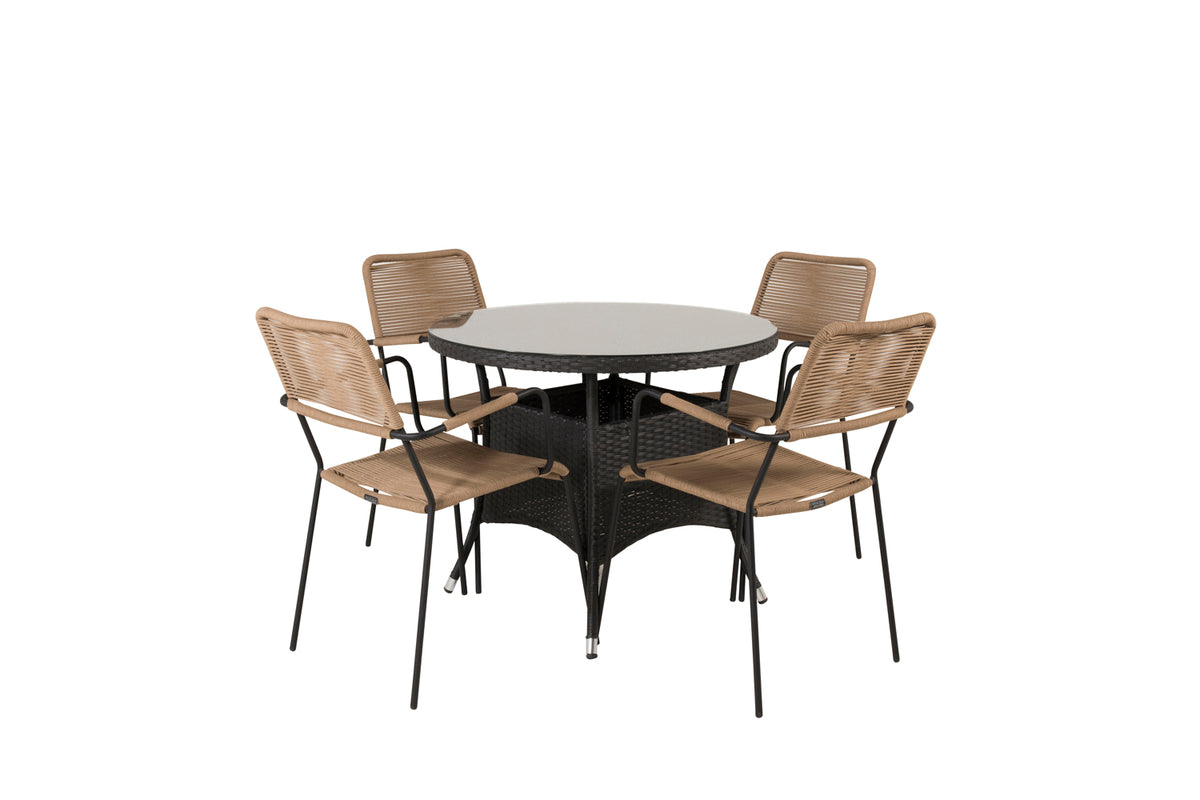 Cafe Table ø90 Black + Dining Chair 2-pack Brown