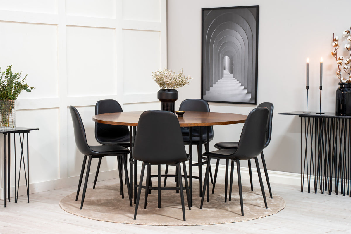 Round Dining Table ø140 Brown + Dining Chair 2-pack Black