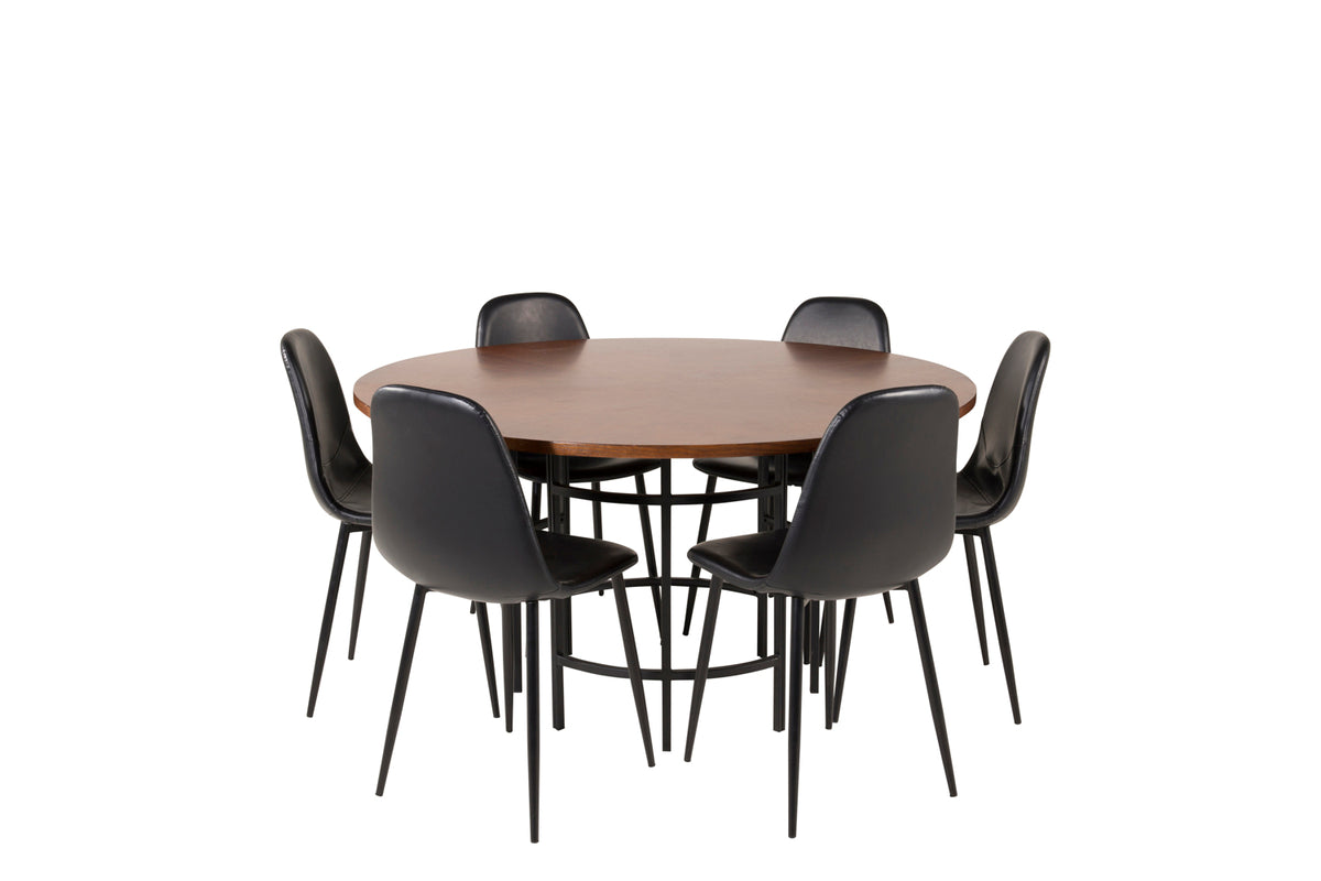 Round Dining Table ø140 Brown + Dining Chair 2-pack Black