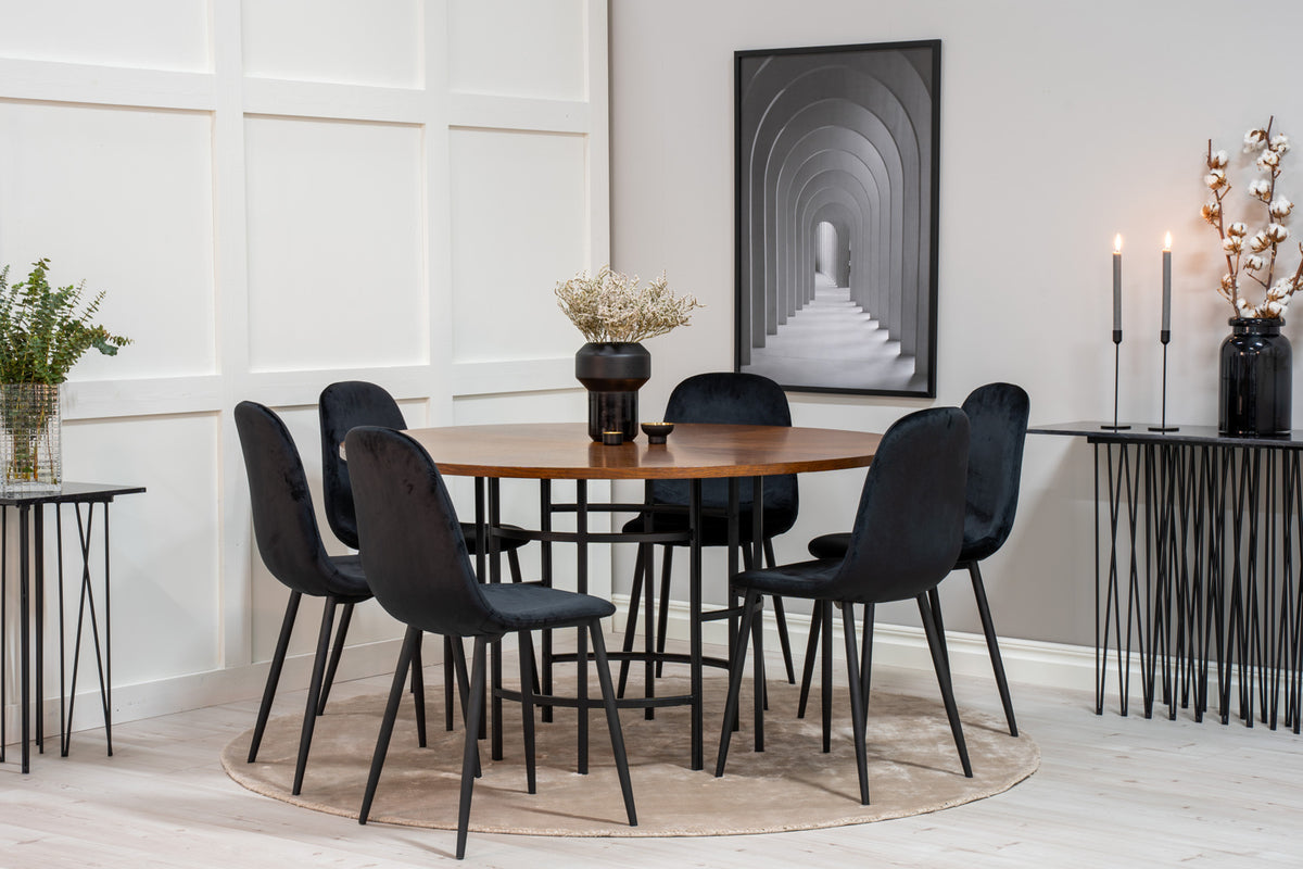 Round Dining Table ø140 Brown + Dining Chair 2-pack Black