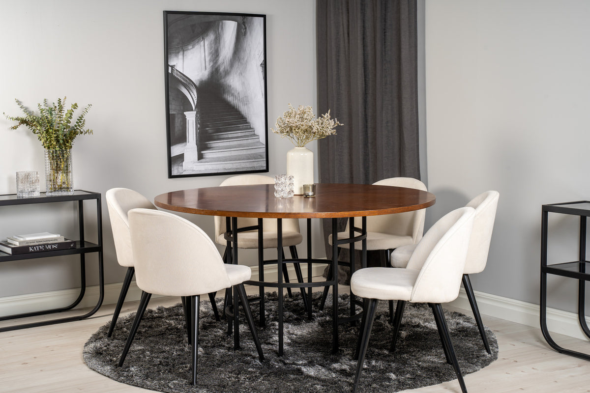 Round Dining Table ø140 Brown + Dining Chair 2-pack Cream