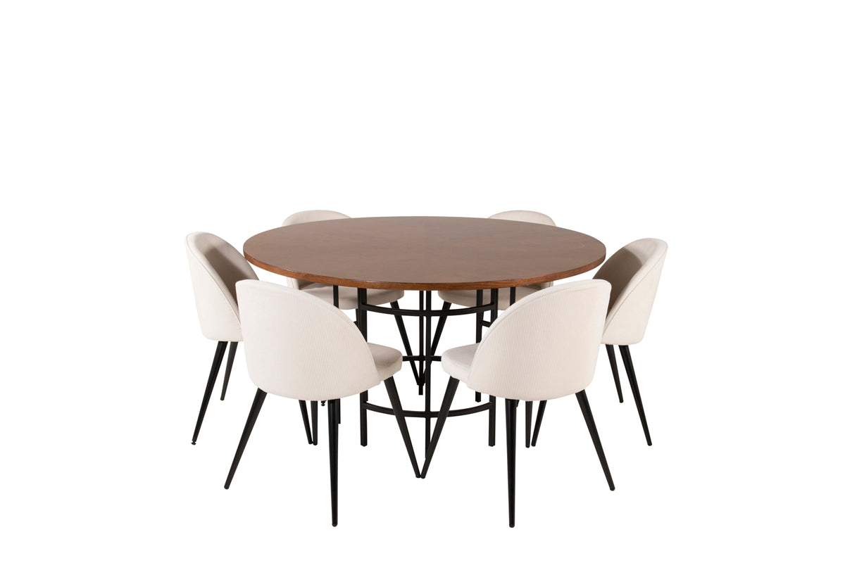 Round Dining Table ø140 Brown + Dining Chair 2-pack Cream