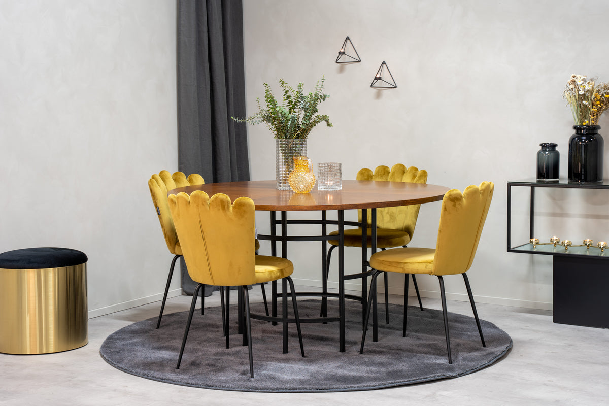 Dining Chair 2-pack Yellow + Round Dining Table ø140 Brown