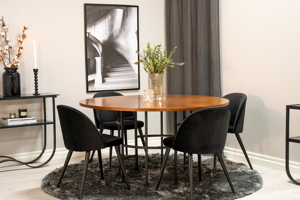 Round Dining Table ø140 Brown + Dining Chair 2-pack Black