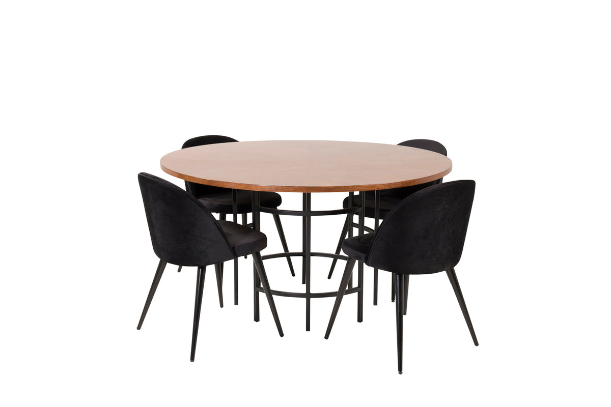 Round Dining Table ø140 Brown + Dining Chair 2-pack Black