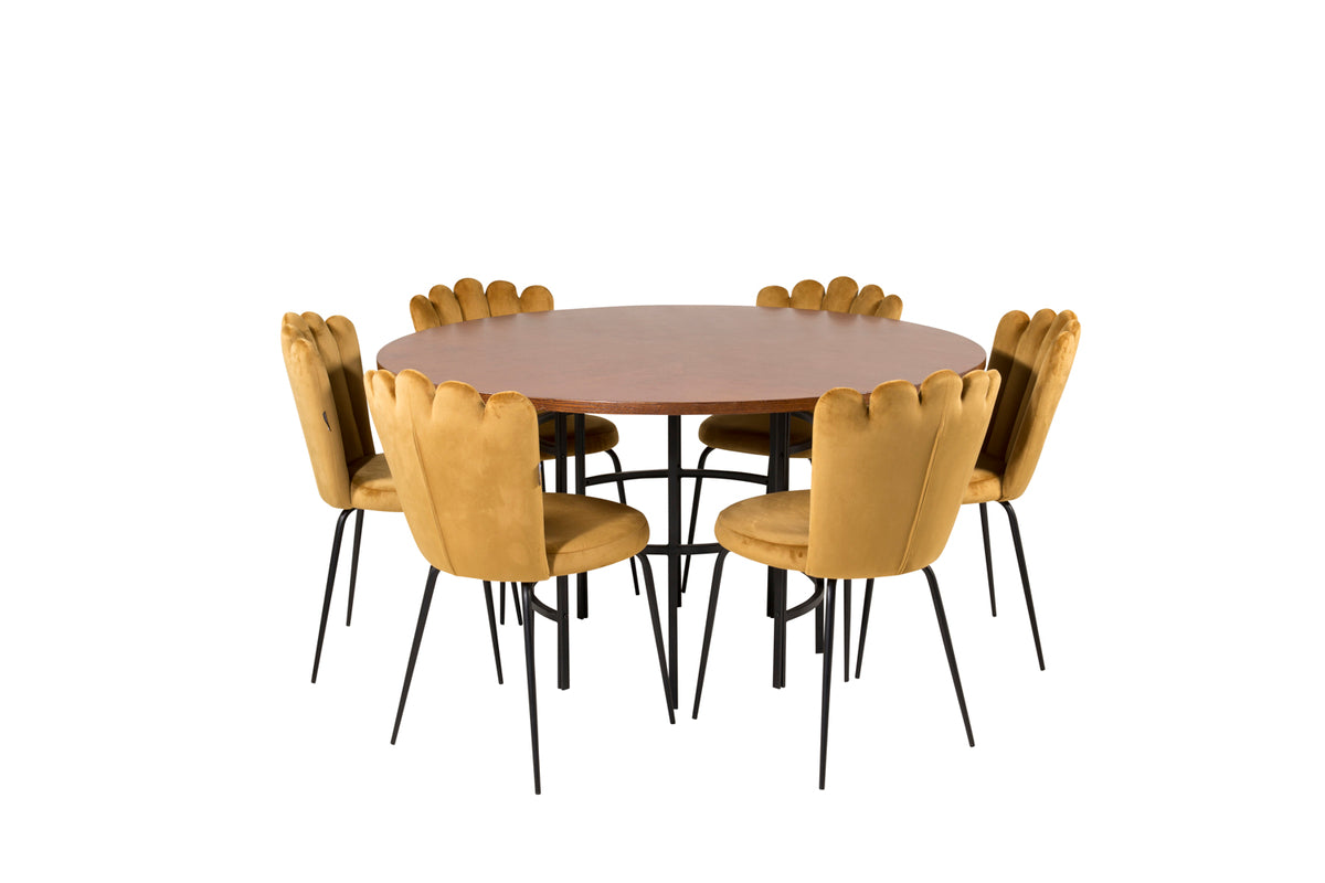 Dining Chair 2-pack Yellow + Round Dining Table ø140 Brown