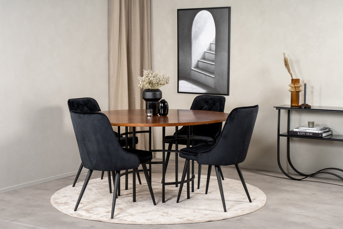 Round Dining Table ø140 Brown + Dining Chair 2-pack Black
