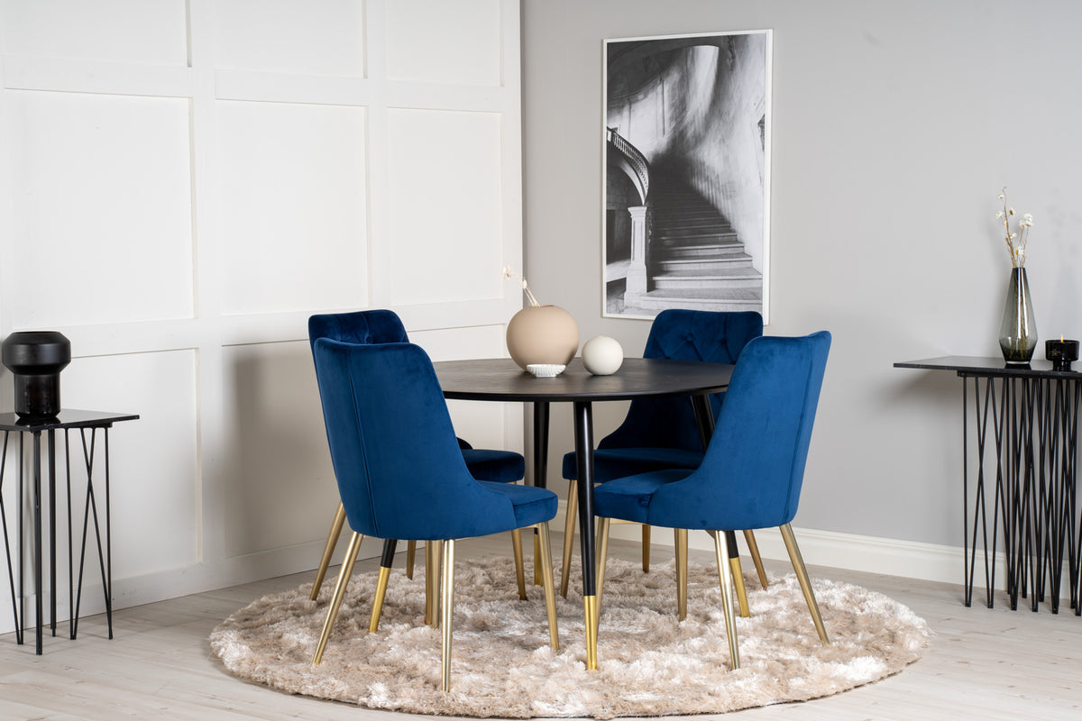 Round Dining Table ø115 Black + Dining Chair 2-pack Blue