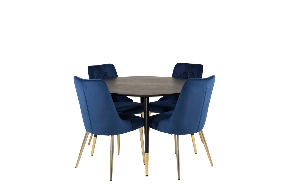 Round Dining Table ø115 Black + Dining Chair 2-pack Blue