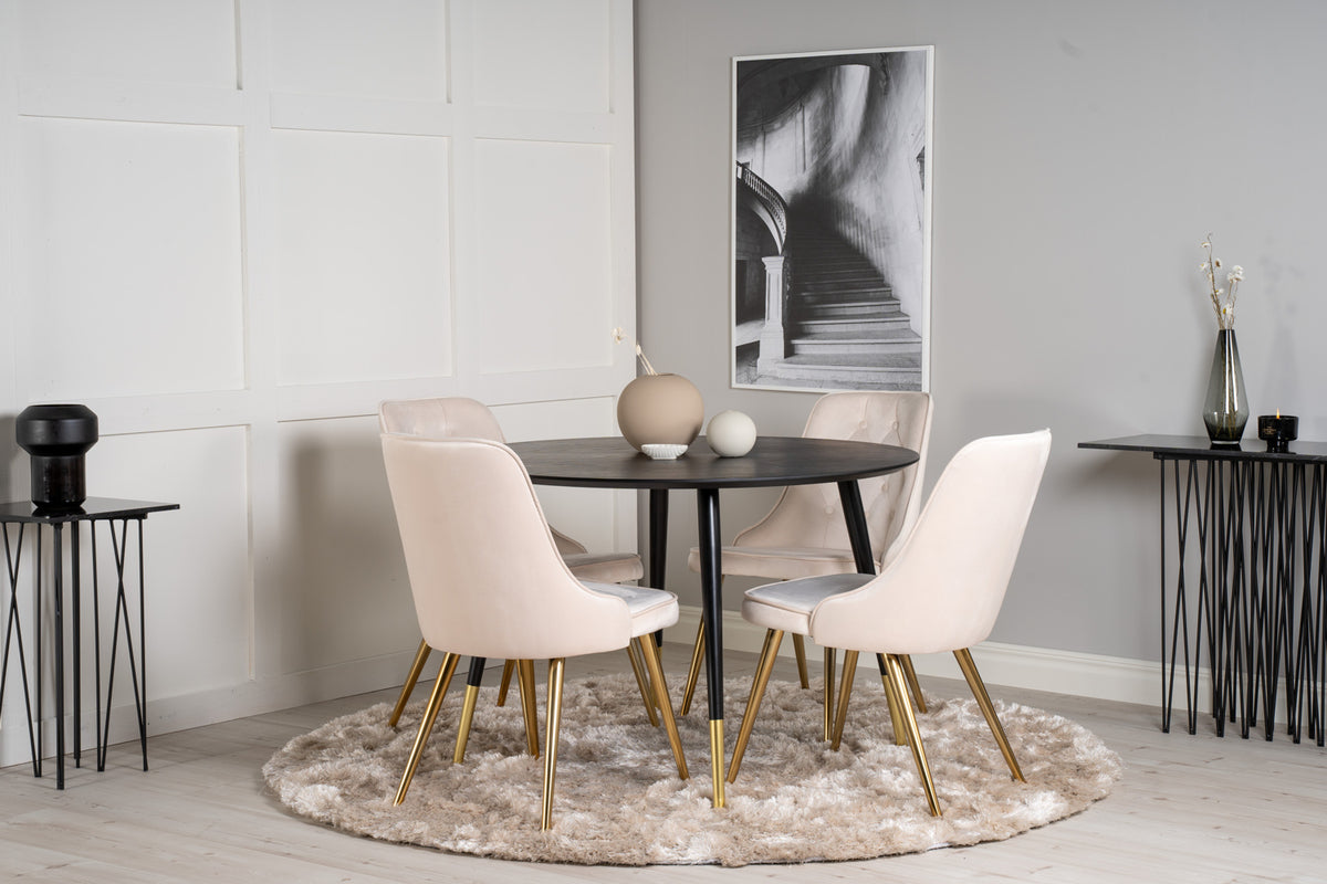 Round Dining Table ø115 Black + Dining Chair 2-pack Beige