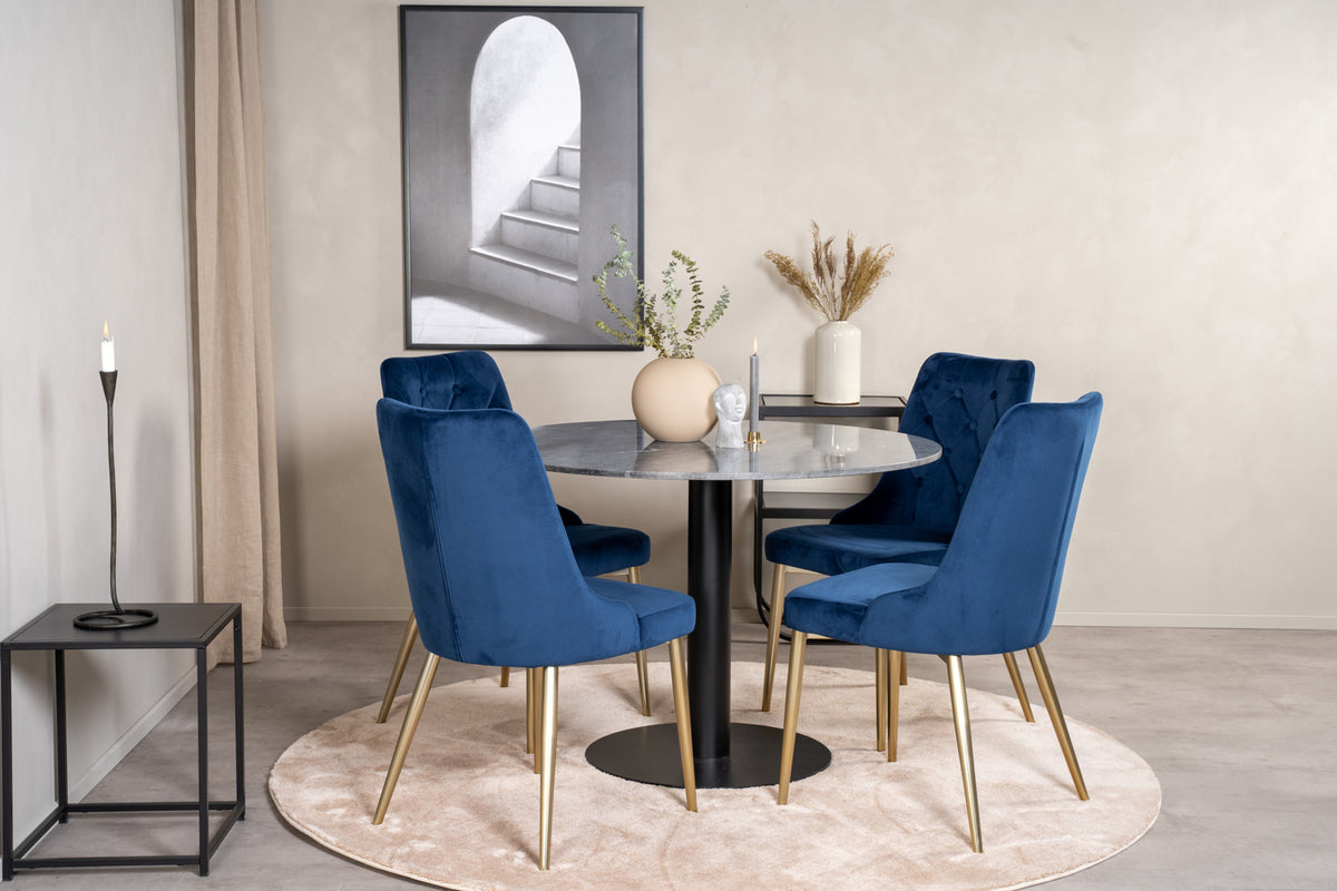 Round Dining Table ø106 Dark Grey + Dining Chair 2-pack Blue