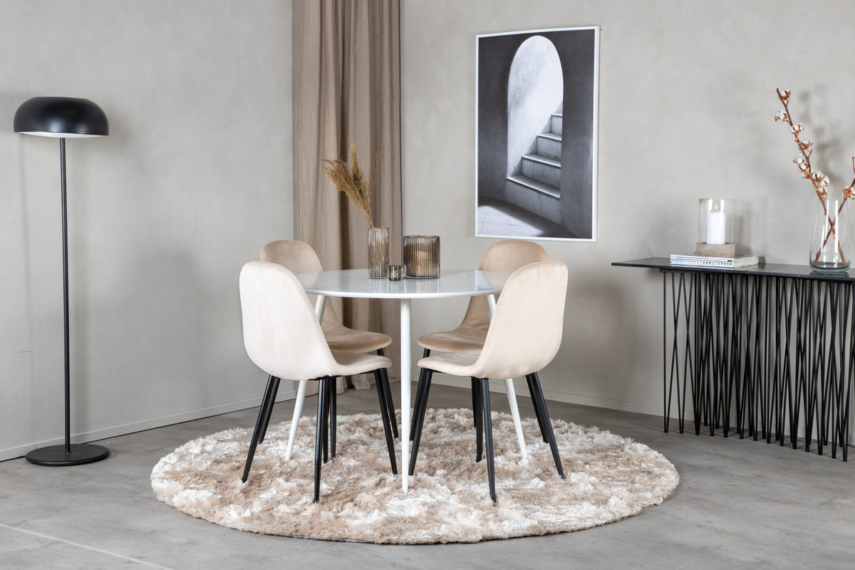 Round Dining Table ø100 White + Dining Chair 2-pack Beige