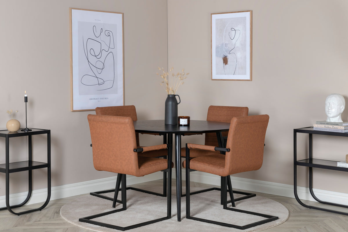 Round Dining Table ø115 Black + Dining Chair 2-pack Brown