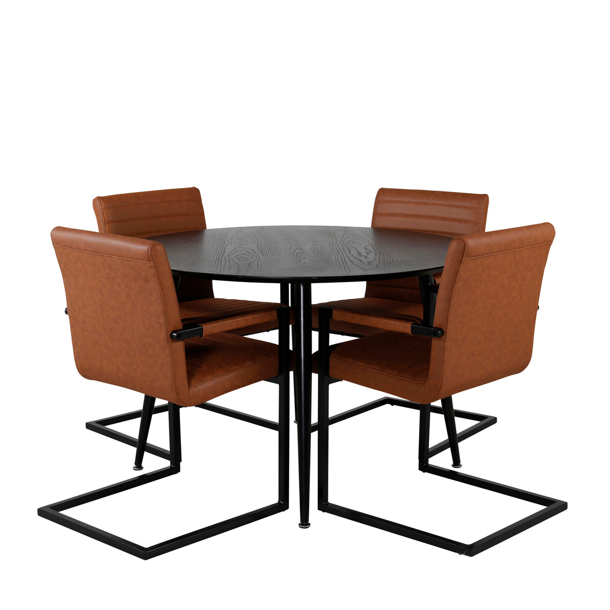 Round Dining Table ø115 Black + Dining Chair 2-pack Brown
