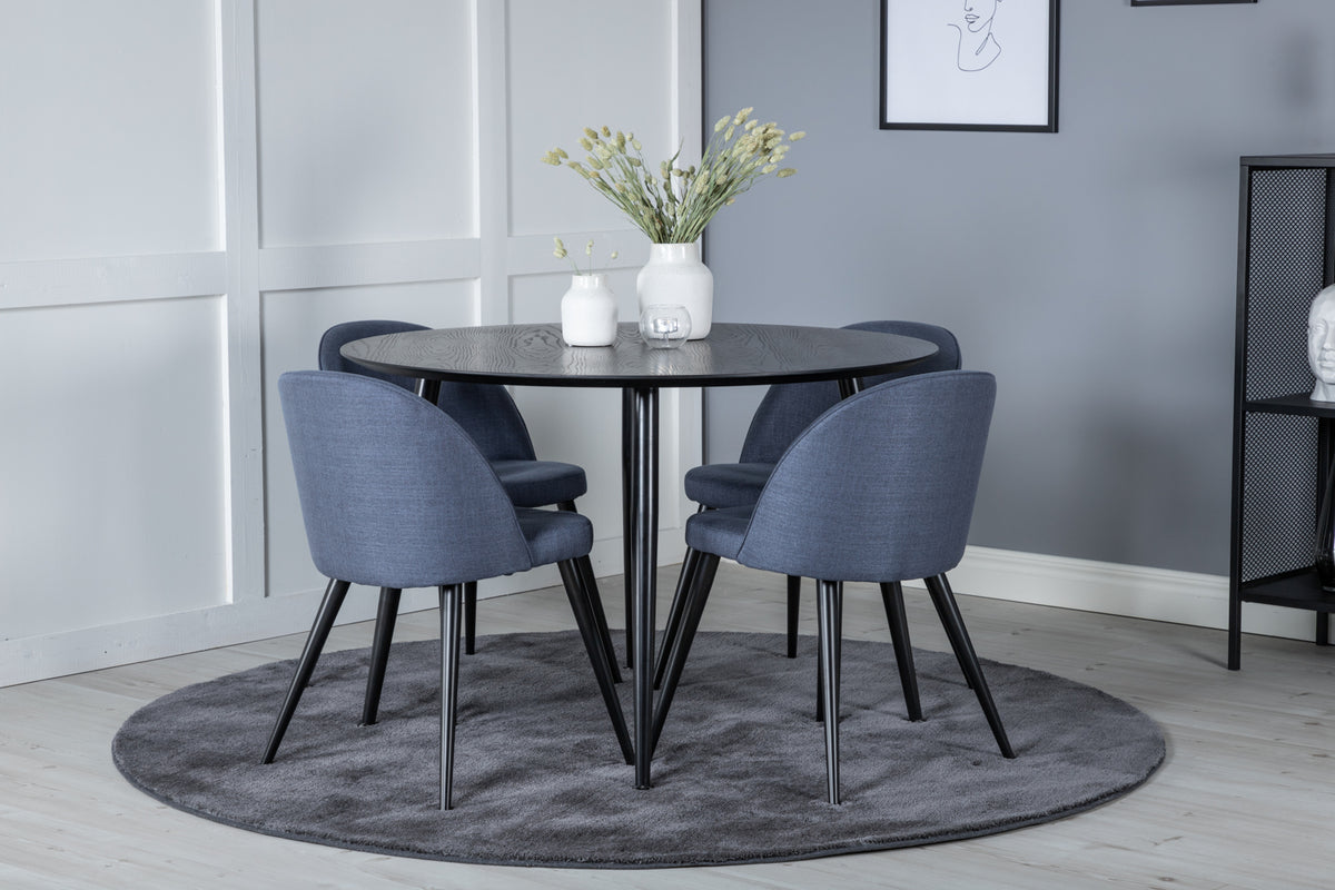 Round Dining Table ø115 Black + Dining Chair 2-pack Blue