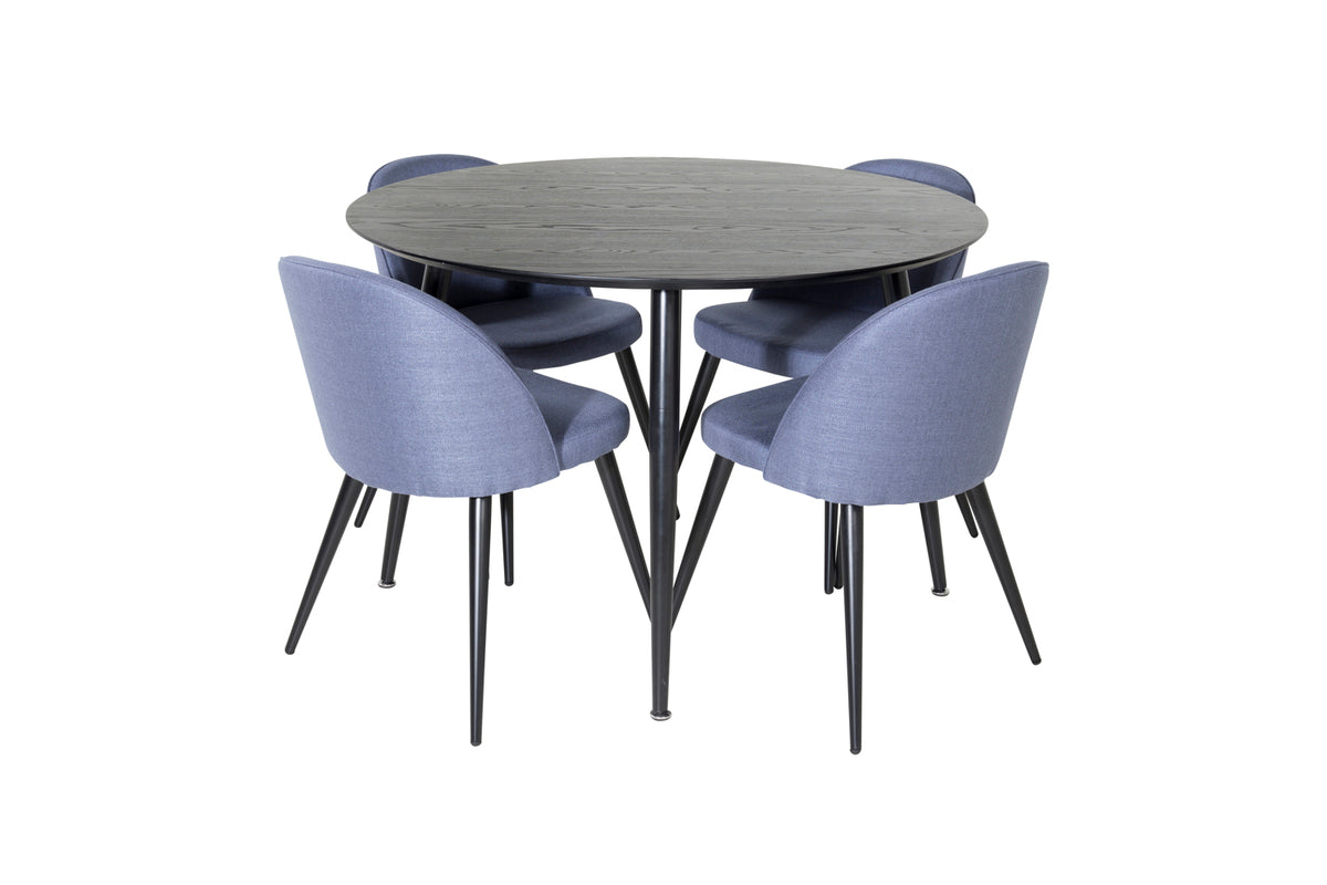 Round Dining Table ø115 Black + Dining Chair 2-pack Blue