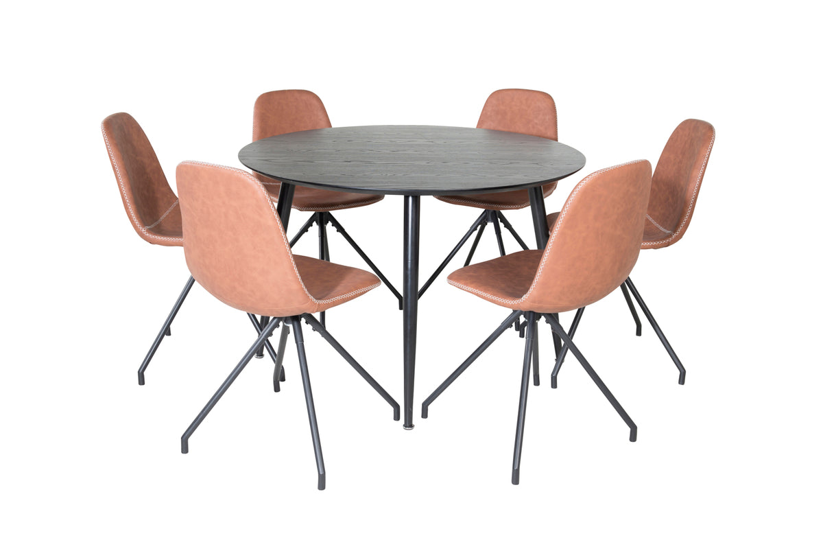 Round Dining Table ø115 Black + Dining Chair 2-pack Brown