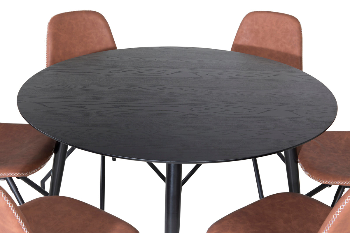 Round Dining Table ø115 Black + Dining Chair 2-pack Brown