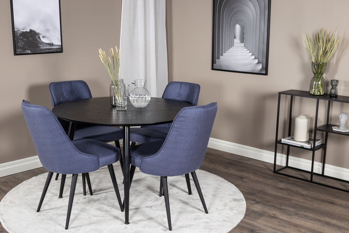 Round Dining Table ø115 Black + Dining Chair 2-pack Blue