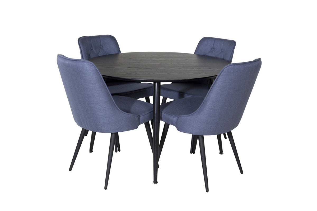 Round Dining Table ø115 Black + Dining Chair 2-pack Blue