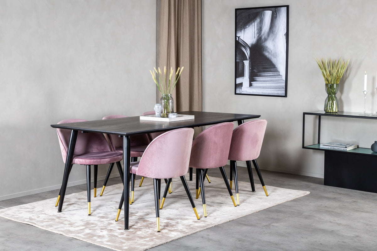 Rectangular Dining Table 180 x 75 x 90 Black + Dining Chair 2-pack Dusty Pink