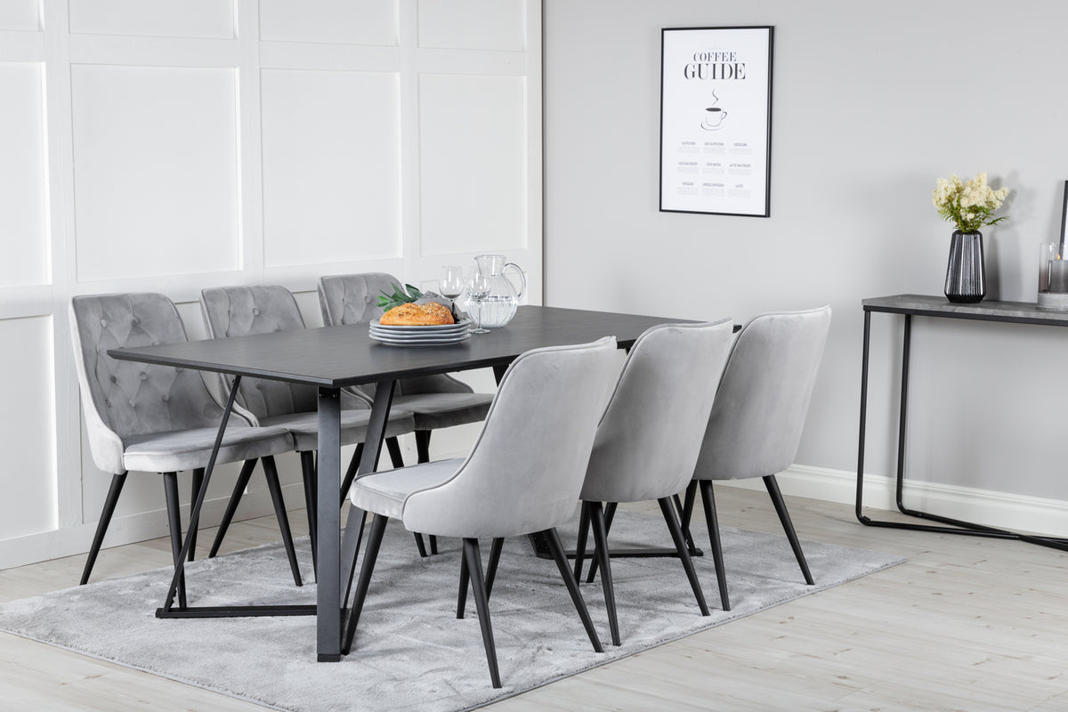 Rectangular Dining Table 180 x 75 x 90 Black + Dining Chair 2-pack Light Grey