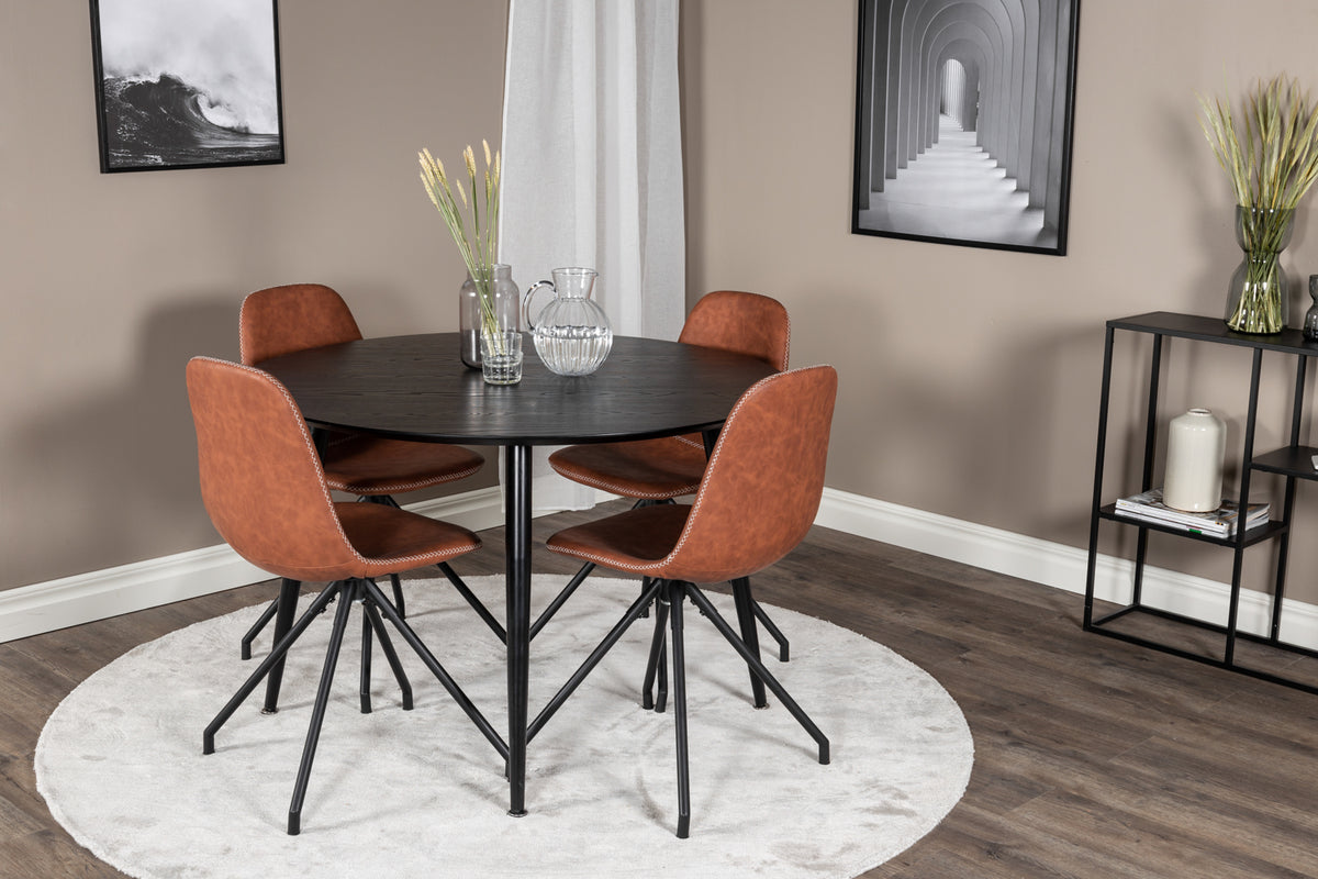 Round Dining Table ø115 Black + Dining Chair 2-pack Brown