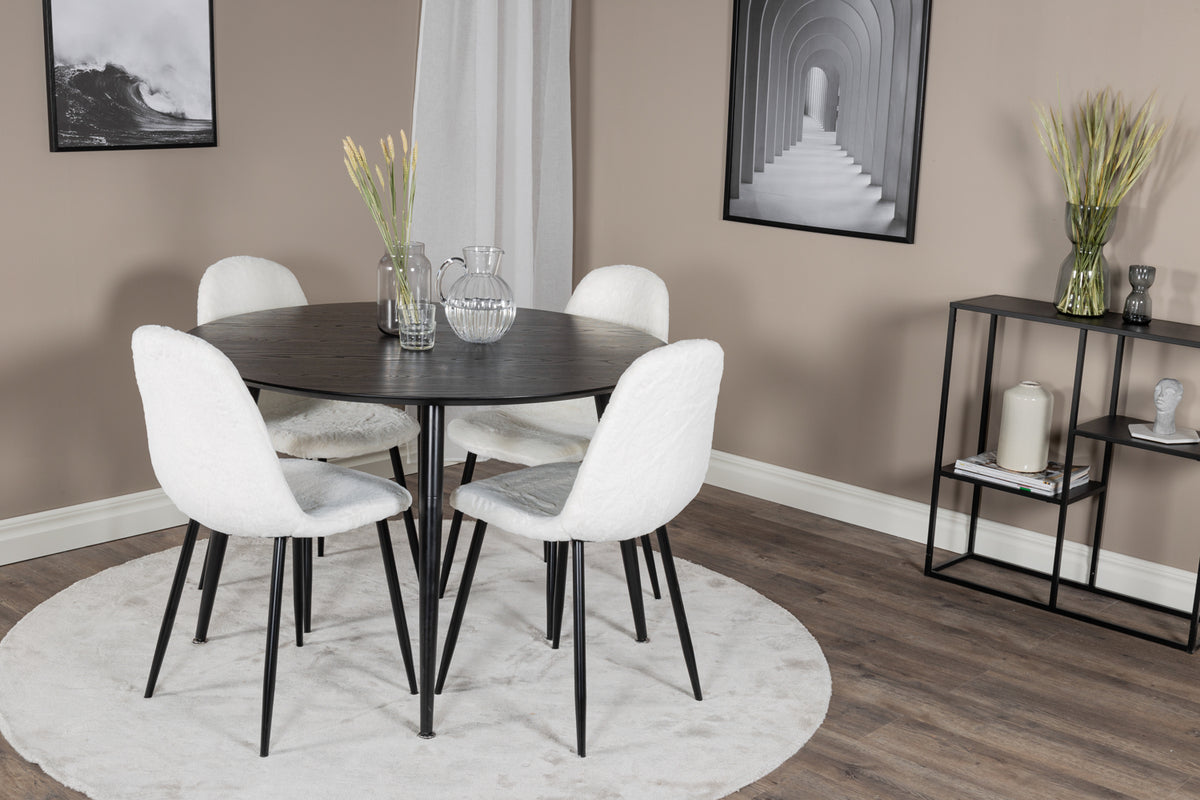 Round Dining Table ø115 Black + Dining Chair 2-pack White