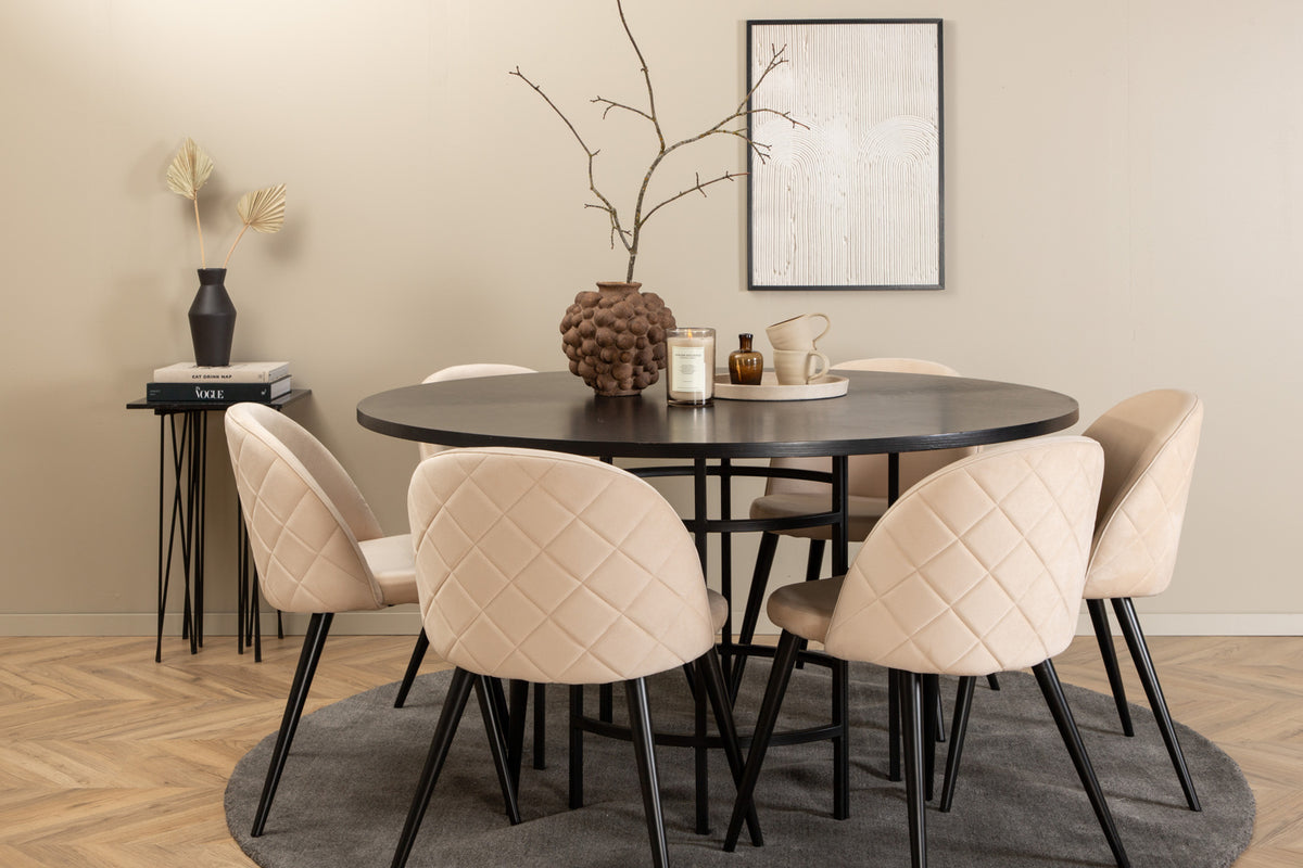 Round Dining Table ø140 Black + Dining Chair 2-pack Beige