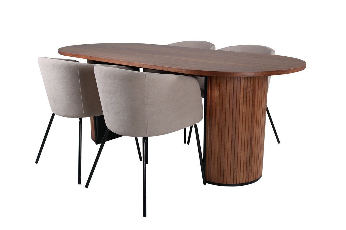 Dining Chair Beige + Oval Dining Table 75 x 200 x 90 Walnut