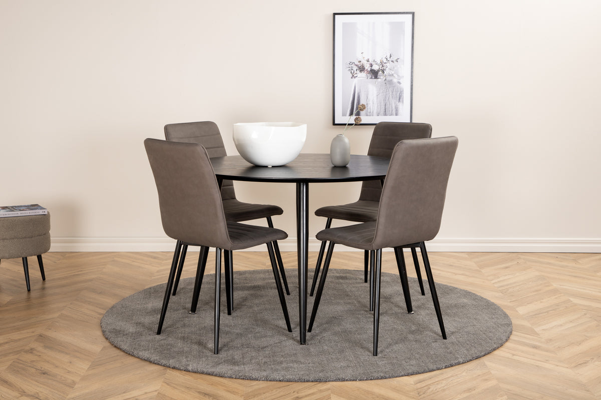 Round Dining Table ø115 Black + Dining Chair 2-pack Grey