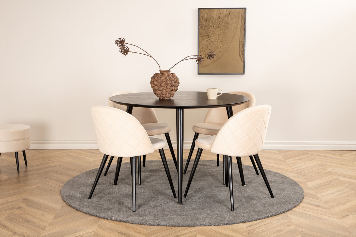 Round Dining Table ø115 Black + Dining Chair 2-pack Beige