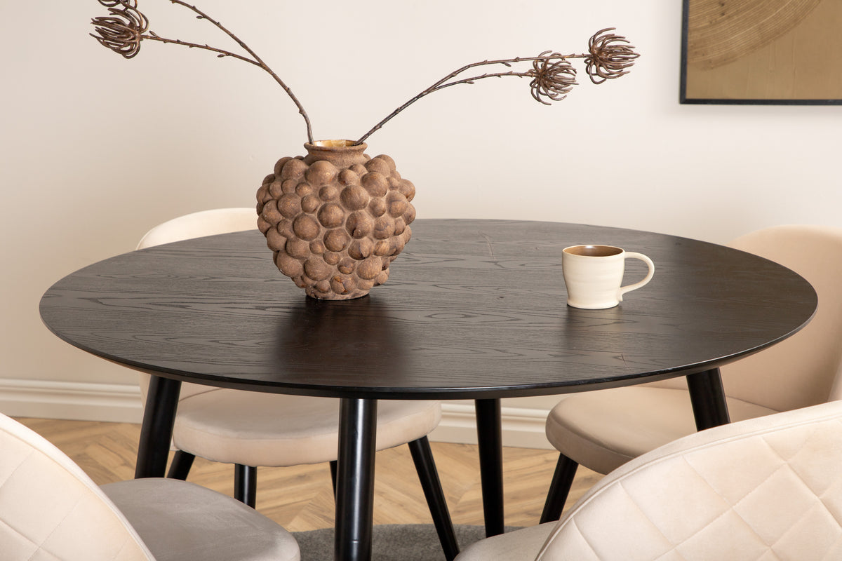 Round Dining Table ø115 Black + Dining Chair 2-pack Beige