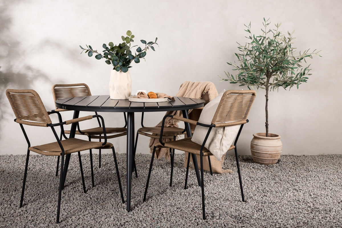 Round Dining Table ø120 Black + Dining Chair 2-pack Brown