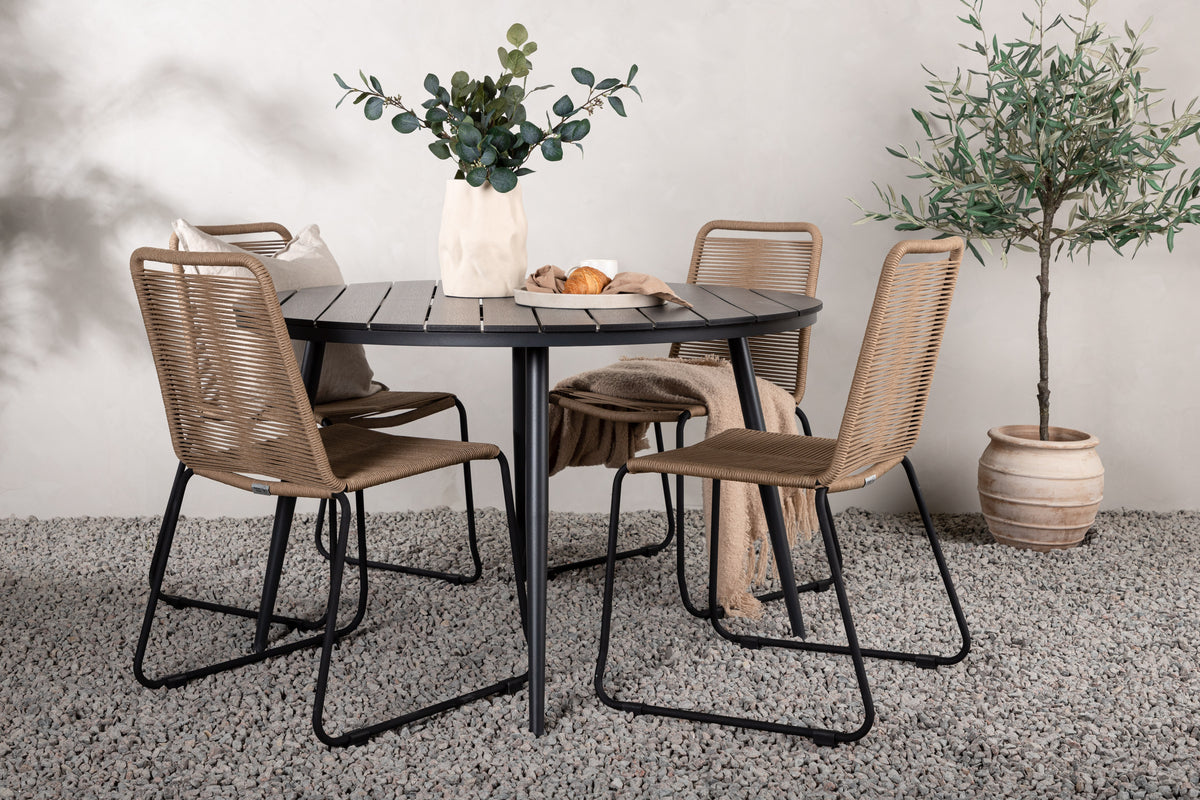 Round Dining Table ø120 Black + Dining Chair 2-pack Brown
