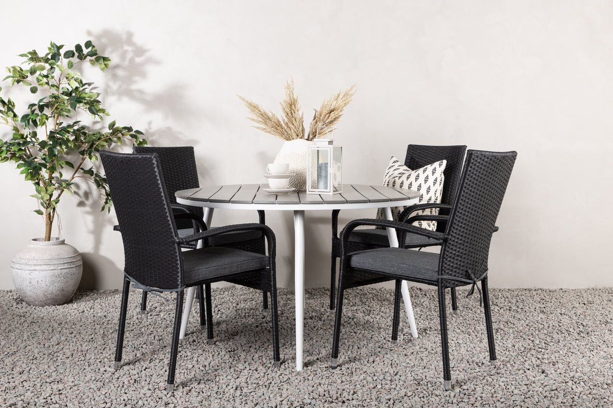 Round Dining Table ø120 Grey + Dining Chair 2-pack Black