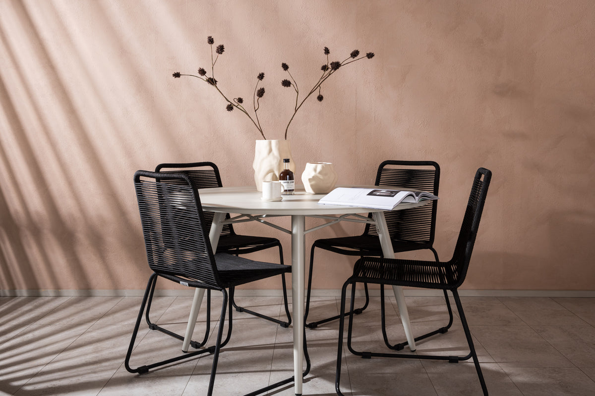 Round Dining Table ø120 Beige + Dining Chair 2-pack Black