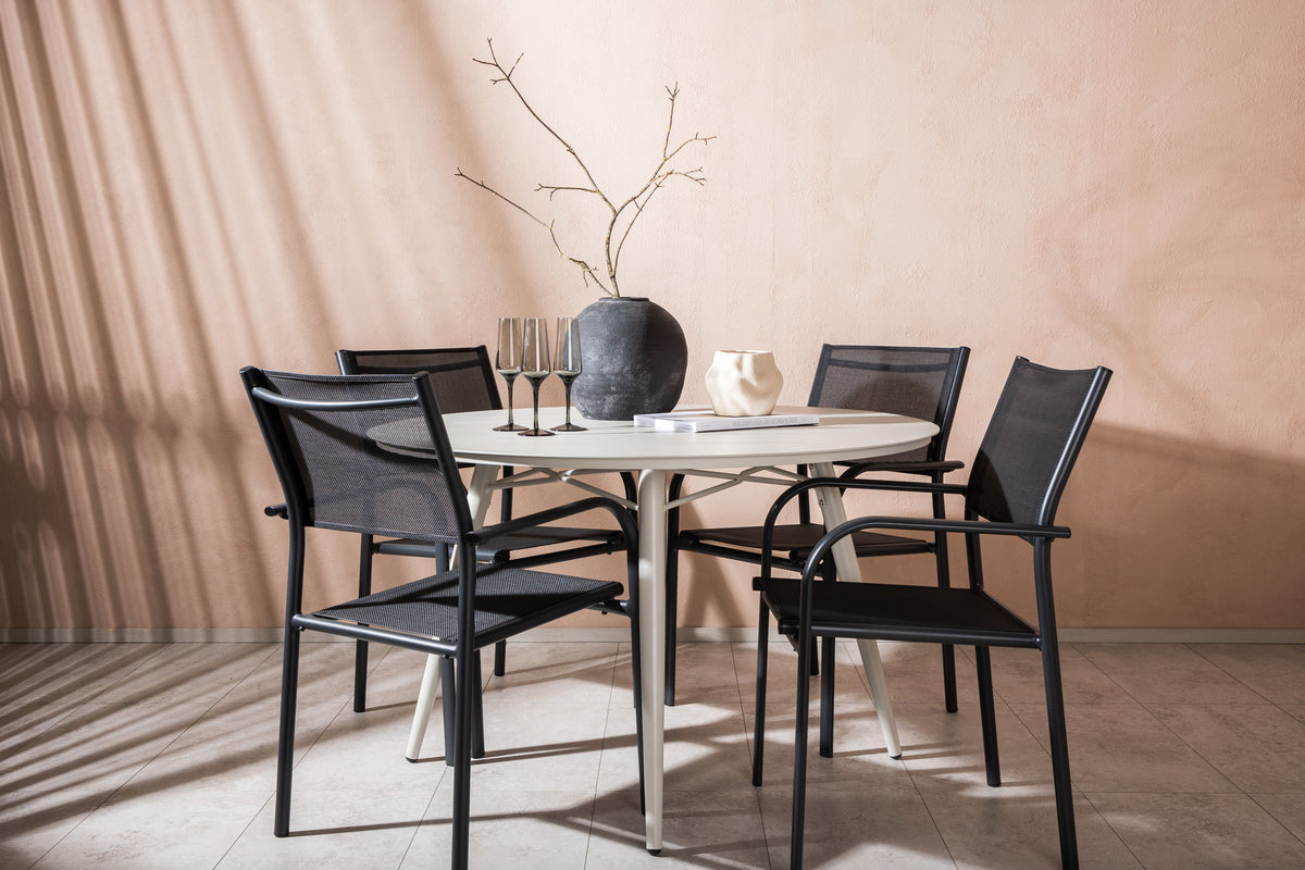 Round Dining Table ø120 Beige + Dining Chair 2-pack Black